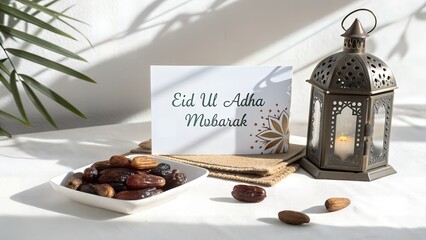 Eid ul adha mubarak card with dates, lantern, and palm leaf shadow on a white surface background