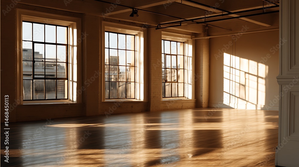 Aufkleber bright, empty interior space with large windows and sunlight streaming in during the afternoon