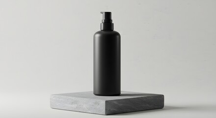 Minimalist Black Cosmetic Bottle on Textured Concrete Surface with Neutral Background