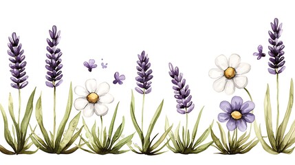 Vibrant floral watercolor artwork featuring lavender and daisies in nature landscape