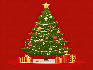 Naklejka premium A festive Christmas tree adorned with ornaments and gifts.