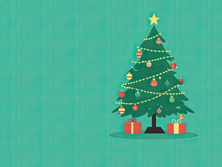 Fototapeta premium Festive Christmas tree with presents on a teal background.