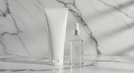 Elegant Skincare Products Including White Cream Tube And Clear Serum Bottle On Marble Surface