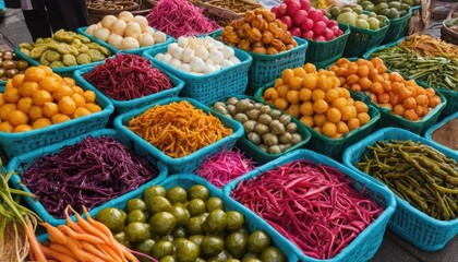Fototapeta premium Colorful fresh fruits and vegetables at a market stall in Barcelona offer a healthy and organic selection