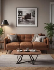 Fototapeta premium Sleek brown sofa, geometric wooden table, monochrome gallery wall, elegant setting , stylish apartment, sophisticated living, minimalist decor