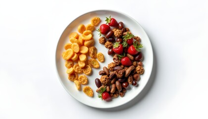 A white plate topped with dried fruits and nuts.