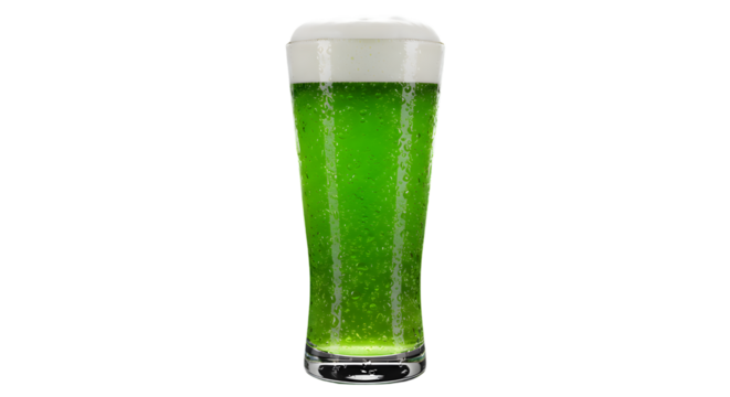 Tall Glass of Green Beer with Condensation on Transparent Background