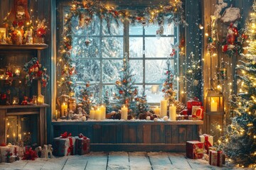 Obraz premium Rustic Christmas window display with festive decorations.