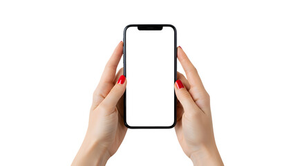 Woman s Hands Holding Smartphone with Blank Screen on Transparent Background
