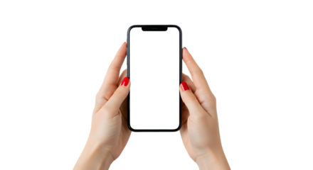 Woman s Hands Holding Smartphone with Blank Screen on Transparent Background