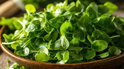 Fresh organic watercress in a wooden bowl, perfect for a healthy salad