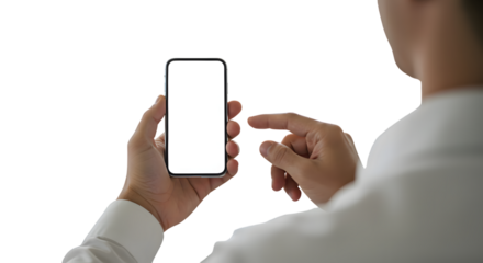 Man Using Smartphone with Blank Screen on Transparent Background