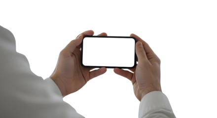 Man Holding Smartphone with Blank Screen on Transparent Background