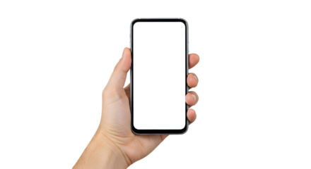 Hand Holding Smartphone with Blank Screen on Transparent Background