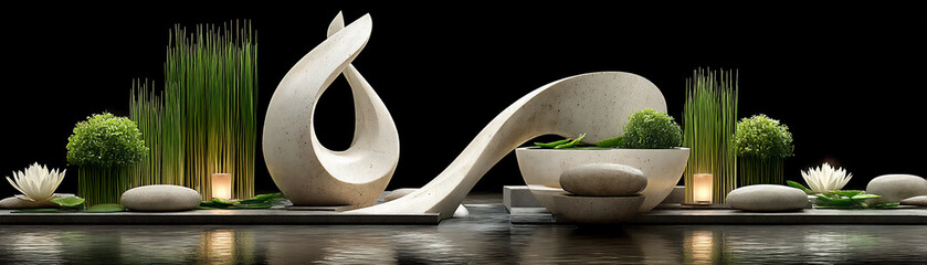 minimalist water garden with modern sculpture and aquatic plants