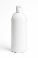 White Cylindrical Plastic Bottle with Flip Top Cap for Dish Soap with Glossy Finish and Photorealistic Detail, Perspective Front View, Professional Studio Lighting on Isolated White Background