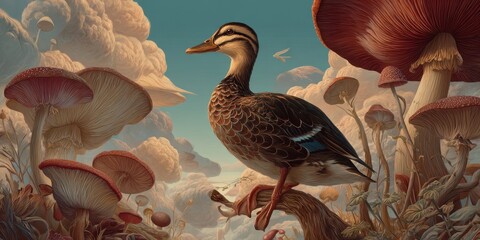 Imaginative Scene Of A Duck Amongst Mushrooms
