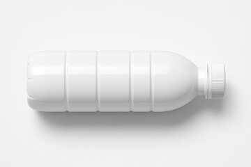 White Cylindrical Plastic Bottle with Screw Cap in Flat Lay View on Clean Isolated White Background with Glossy Finish in Ultra High Resolution Photorealistic Style