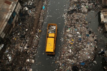 Urban waterway choked with refuse and a yellow vehicle.
