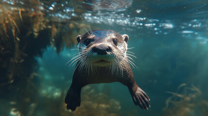 A playful otter swimming in a clear, flowing river.