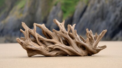 Driftwood sculpture on sandy beach with rugged cliffs and greenery in the background
