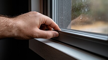 A hand inspecting a window's seal, checking for gaps or damage