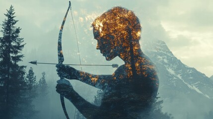 A young woman, a silhouette of trees within her, aims her bow and arrow at an unseen target, mountains in the background.