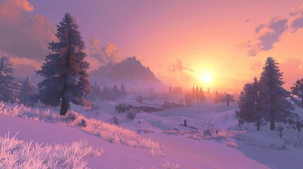 Serene Winter Sunset Landscape SnowCovered Trees Mountains and a Peaceful River Valley
