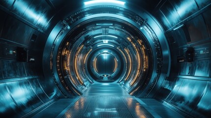 Futuristic blue and orange lit tunnel. Sci-fi background.