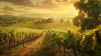 Naklejka premium Vineyard landscape at sunrise