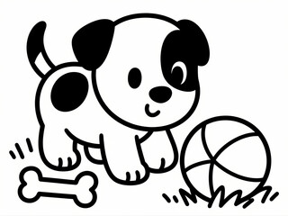 Naklejka premium Playful puppy with ball and bone Coloring Book For Kids