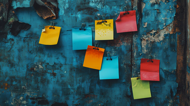 Dementia forgotten concept. colorful sticky notes attached to a blue wall with binder clips. [Whispering Archives] | Forgotten Footnotes | cryptic margin. Illustration