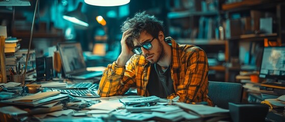 Overwhelmed young man hunched over paperwork.