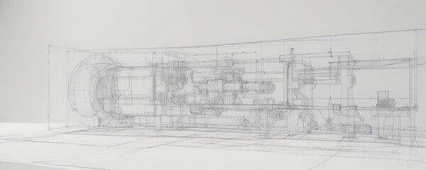 Clean white background, black line art blueprint style technical drawing ,  assembly,  building