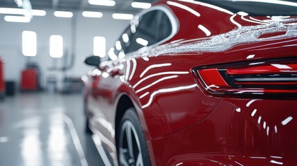 Naklejka premium Detailed Close Up of Premium Car Wax Being Spread on Shiny Red Vehicle in Professional Setting