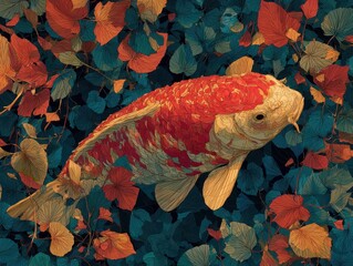 Vivid koi fish surrounded by autumnal foliage.