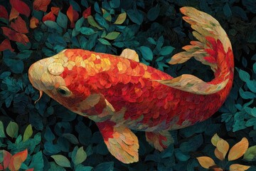 Vivid koi fish amidst nature's foliage.