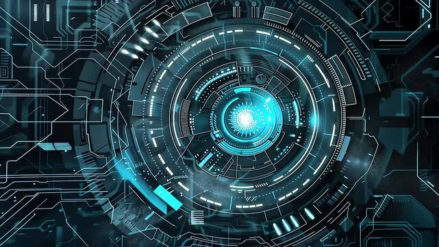 Technological circuitry design with glowing center circle.
