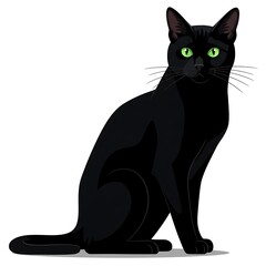 Elegant Black Cat Sitting with Green Eyes on White Background