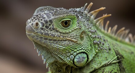 Fototapeta premium Close-up of iguana's head. Green scales, patterned skin, and watchful eyes