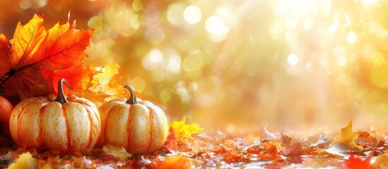 Radiant autumnal display with gourds, maple foliage, and golden bokeh backdrop