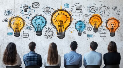 Diverse group looking at creative lightbulb ideas.
