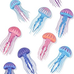 Seamless pattern with colorful cartoon jellyfish on white background, simple design