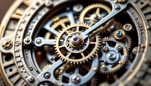 an intricate mechanical clock with multiple gears and pendulums in motion.