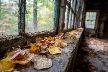 Fallen Leaves Creating a Rustic Display on the Windowsill of an Old Cabin Surrounded by Trees in Autumn Generative AI