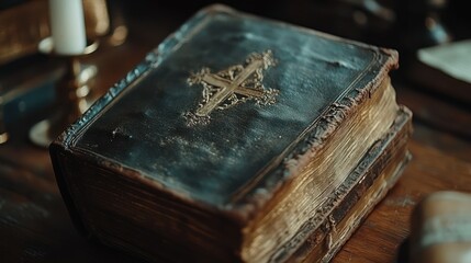 Antique, aged Bible on wooden surface