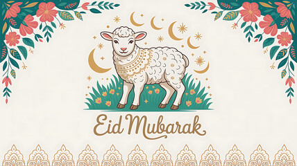 Fototapeta premium Eid Mubarak Celebration: Traditional Art with Sheep and Crescent Moon in Hand-Drawn Style