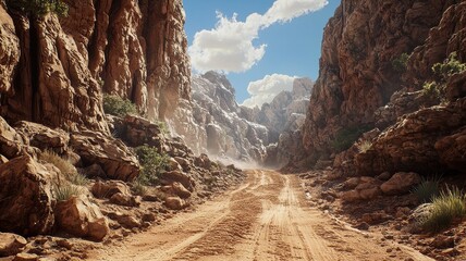 Scenic view of a rocky canyon track showcasing dramatic cliffs and a dusty, adventurous road. Perfect for themes of exploration and rugged landscapes.