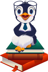 Teacher bird penguin professor in glasses sit on stack book. Vector cartoon illustration isolated on white