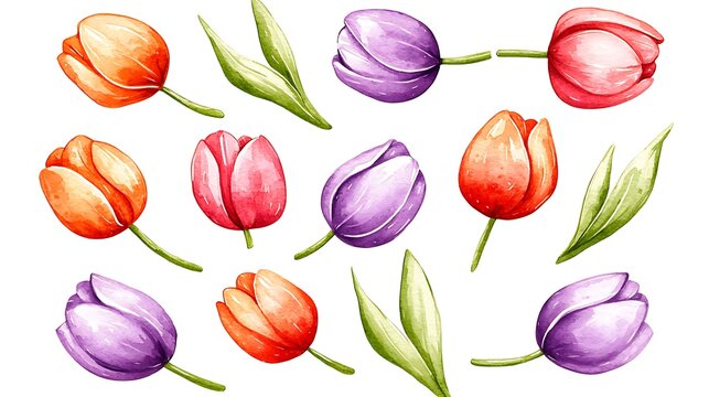 Botanical illustration vibrant watercolor tulips in a colorful floral environment